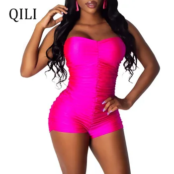 

QILI Summer Sexy Strapless Rompers Slash Nexk Sleeveless Pleated Skinny Solid Romper Neon Green Rose-red Black Rompers For Women