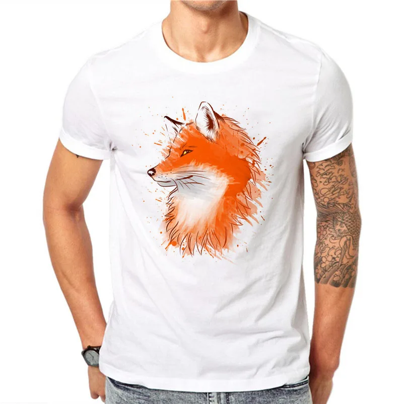 

100% Cotton Kawaii Cute Japanese Anime T Shirt Summer Men Short Sleeve Watercolor Fox 3D Shirt Slim Fit Men's T-Shirts