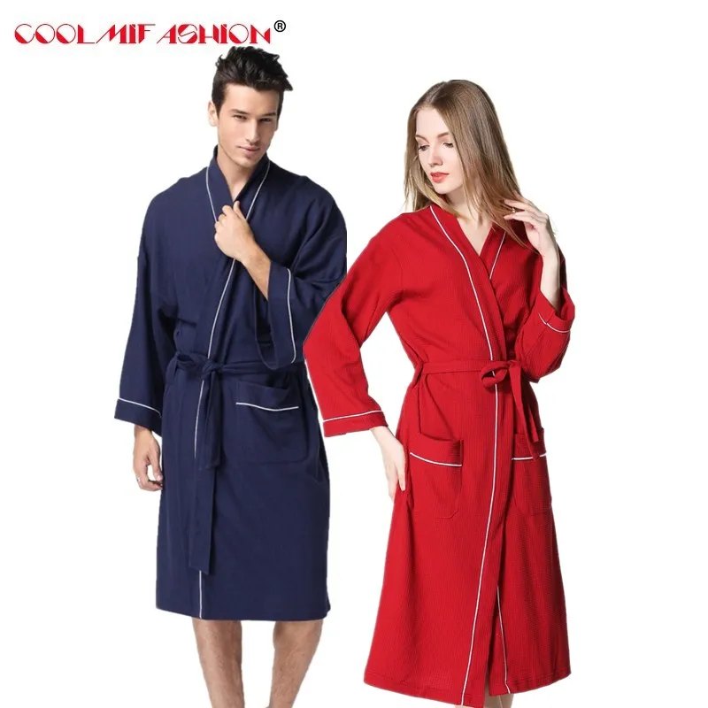 

CooLMiFashion Brand Lovers Robe Man Women Long Sleeve Pockets Patchwork Sleepwear Spring Autumn couples Robe femme with Belt
