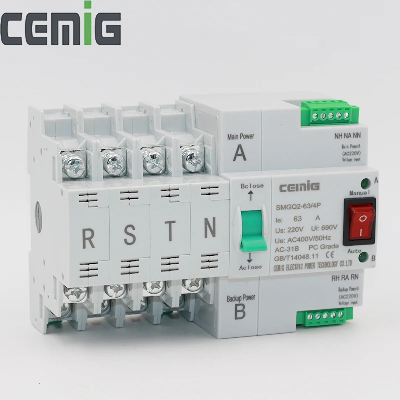 

ATS Dual-Power Automatic Transfer Switch SMGQ2-63/4P Circuit Breaker MCB AC 400V 16A to 63A Household 35mm Rail Installation