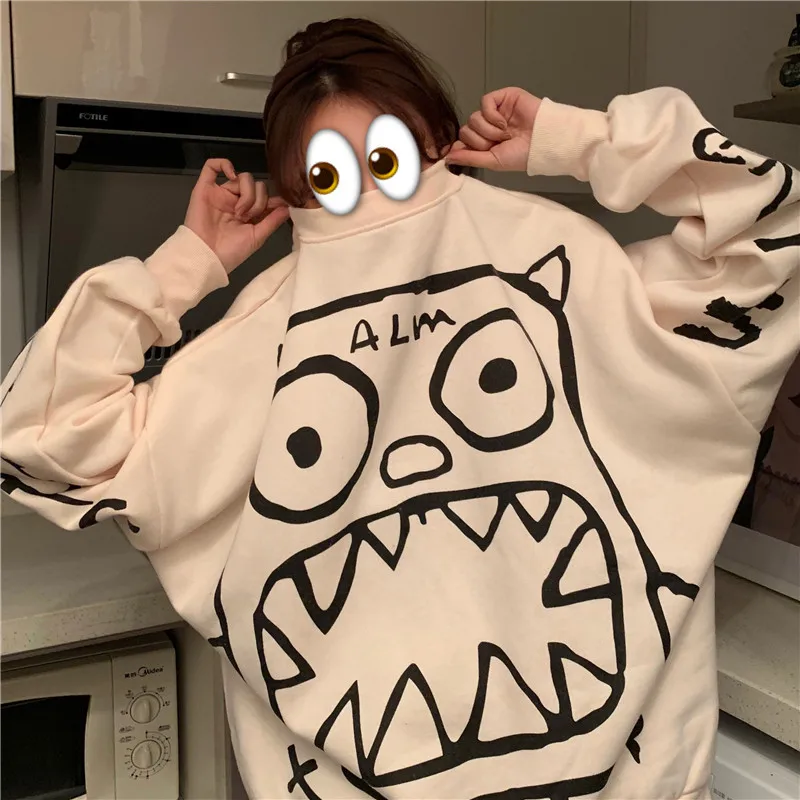 ATKULLQZ новый свитер с изображением маленького монстра Корейская версия плюс бархатное толстое пальто Студенческая одежда для отдыха зимние