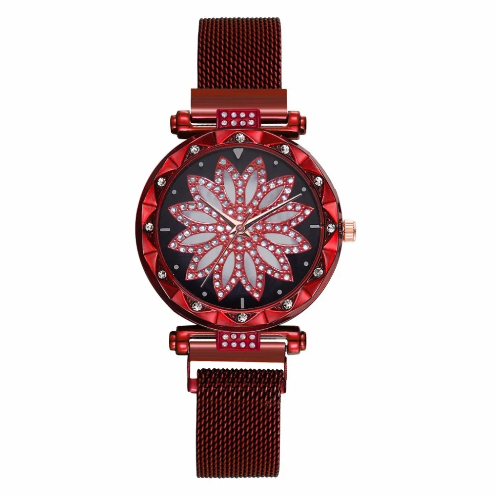 Модные женские туфли с магнитной пряжкой Lucky цветок часы Роскошные женские Стразы кварцевые часы Relogio Feminino дропшиппинг - Цвет: red