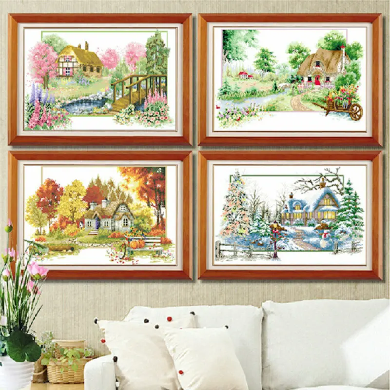 

Four Seasons View Printed Canvas Counted Cross Stitch Kits Cotton Stamped 11CT Cross-stitch Set Embroidery Painting Needlework