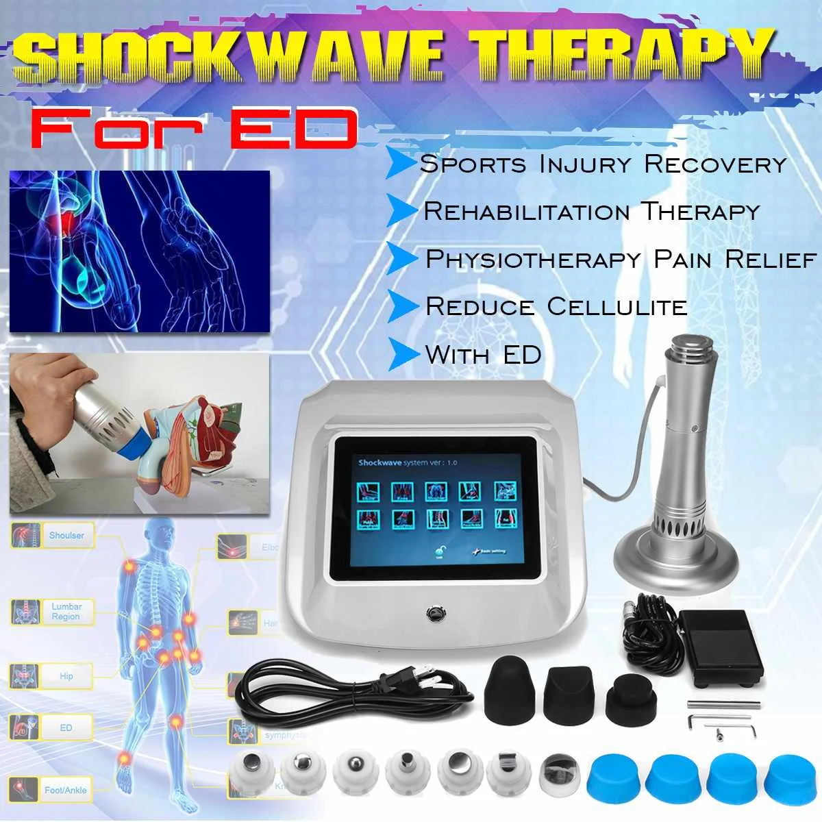 

ED Treatment Effective Shock Wave Therapy Machine Pain Relief Portable Physiotherapy Equipment with 7 Transmitters to treat ED