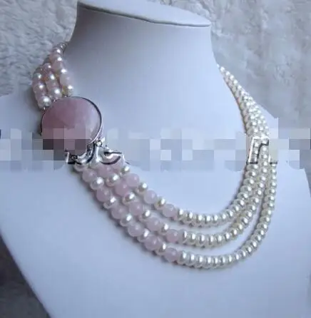 

Free Shipping >>3 strand white Natural freshwater pearls and rose quartz necklace rose quartz