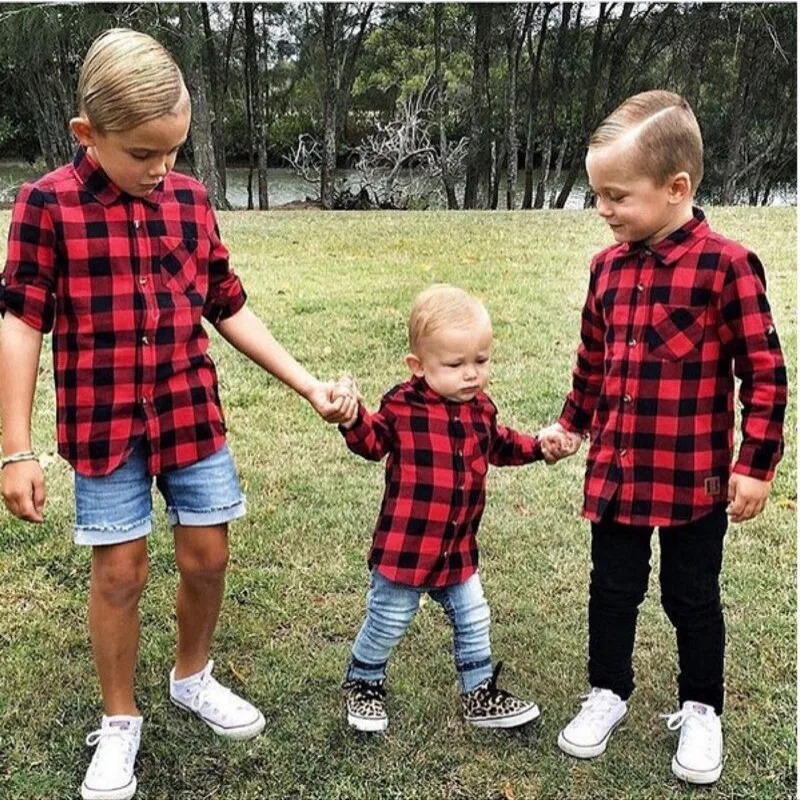 Детская клетчатая блузка для маленьких мальчиков и девочек красная рубашка в клетку с длинными рукавами Осенняя детская одежда с карманами