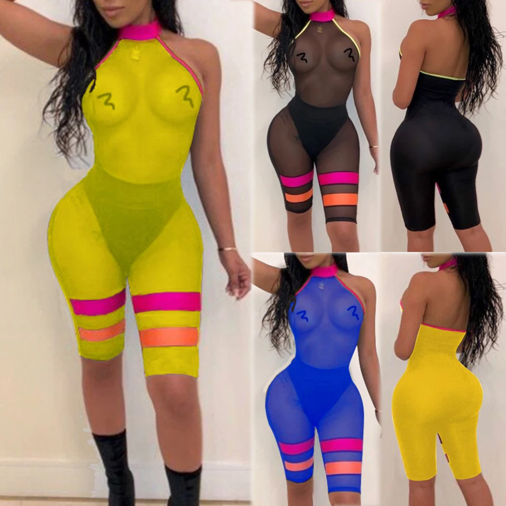 Пикантное женское без рукавов с блестками сетчатые прозрачные вечеринка Bodycon Club коктейль комбинезон