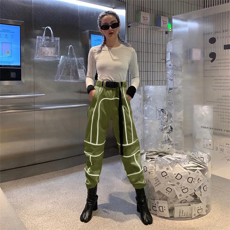 Fashion Streetwear Flash Reflective Joggers Women High Waist Pants with Buckle Belt Ladies Reflective Trousers Casual Pants Fashion Streetwear Flash Reflective Joggers Women High Waist Pants with Buckle Belt Ladies Reflective Trousers Casual Pants