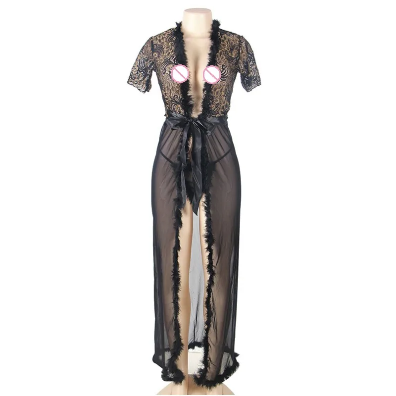 Summer style new costumes erotic lingerie plus size ladies sexy sleepwear white/black fur trim glam long night robe H60365