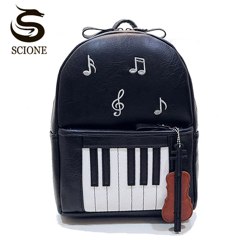 

Fashion Blackand White Embroidery Harajuku Backpack Novelty Piano Design PU Leather Backpack for Teenagers Girls School Bag