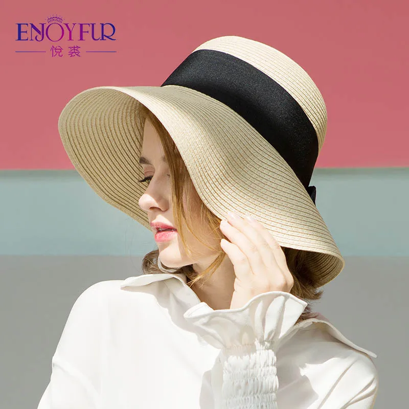ENJOYFUR модные солнцезащитные шапки с бантом для женщин, бумажная пляжная шляпа для отдыха, летняя соломенная Кепка для защиты от солнца - Цвет: 09