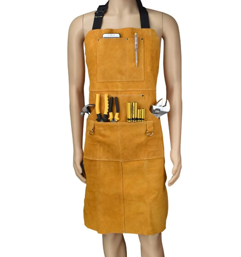 

Adjustable Shoulder Strap Heavy Duty Leather Bib Apron Heat Resistant Welding Apron with Tool Pockets