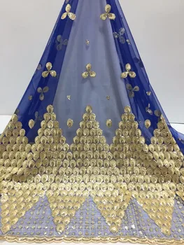 

2019 High Quality African Lace Fabric Gold , Royal Blue French Net Embroidery Sequins Tulle Lace Fabric For Nigerian party Dress