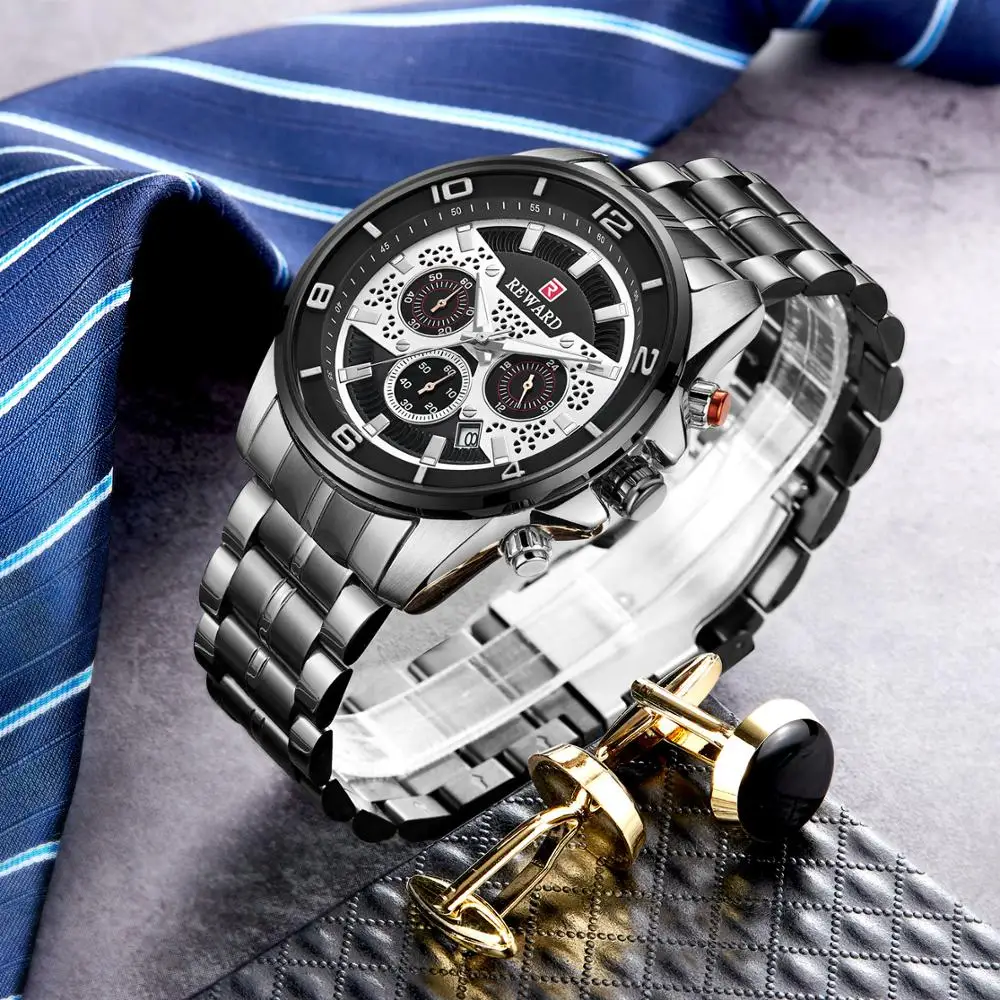 

REWARD Fashion Dress Watch Men Waterproof Chronograph Mens Watches Top Brand Luxury Quartz Clock Stainless Steel Band Wristwatch