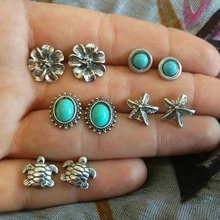 10 шт./компл. богемные Ретро Морская звезда вырезанная черепаха драгоценные камни геометрические серебряные серьги набор для женщин модные ювелирные изделия подарок аксессуары