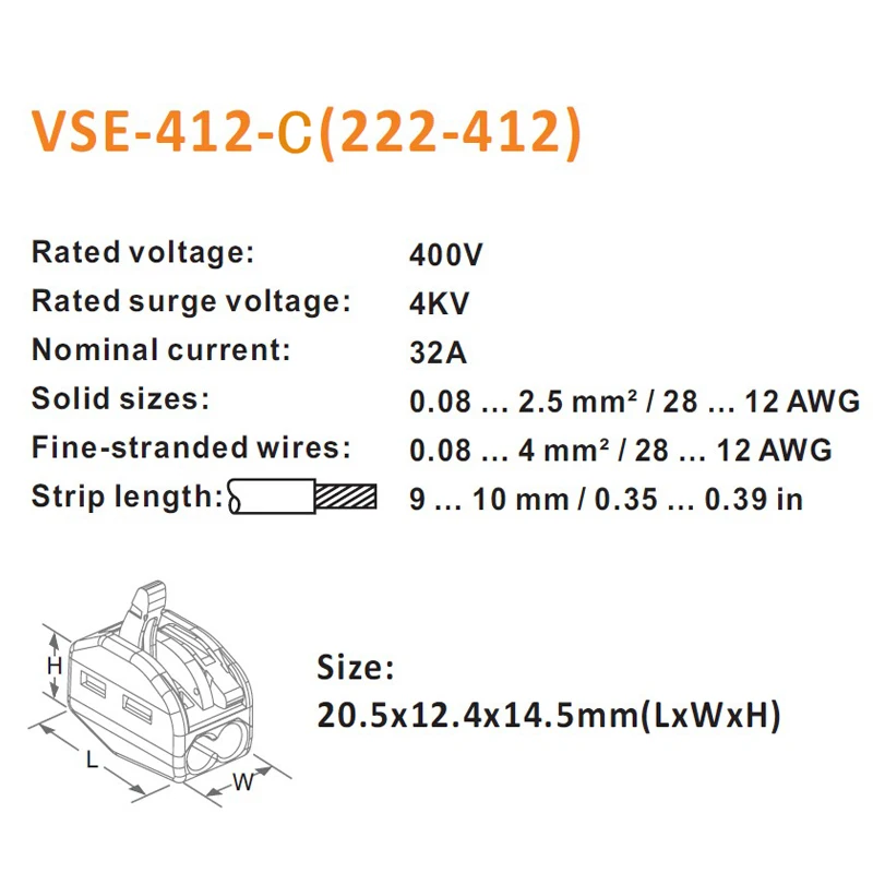 60 шт./кор. VSE-412C соединители проводов для муки тонкого помола-мель и твердые провода Американская классификация проводов 2р Тип штепсельной вилки весенний зажимной мини 222-412 клеммной колодки