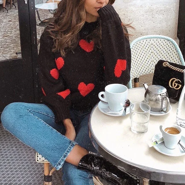 Повседневная водолазка свитер женский трикотаж свитер красное сердце узор длинный рукав женский свитер осень пуловер Femme черный 2019