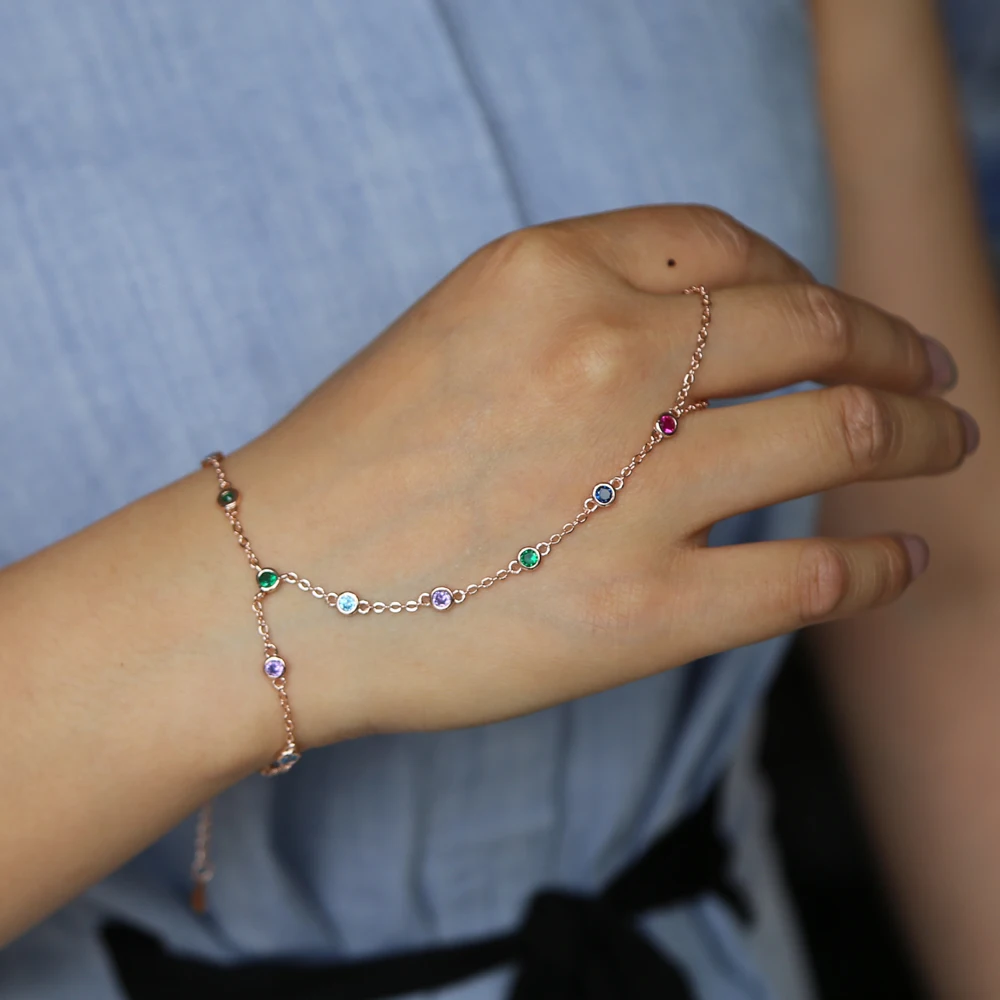 

Hand bracelets jewelry set romantic slave bracelet with ring colorful cz station chain rainbow color cz charm hand women jewelry