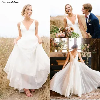 

2019 Bohemian Chiffon Beach Wedding Dresses V-Neck Backless Pleats Western Country Summer Bridal Gowns vestido de noiva