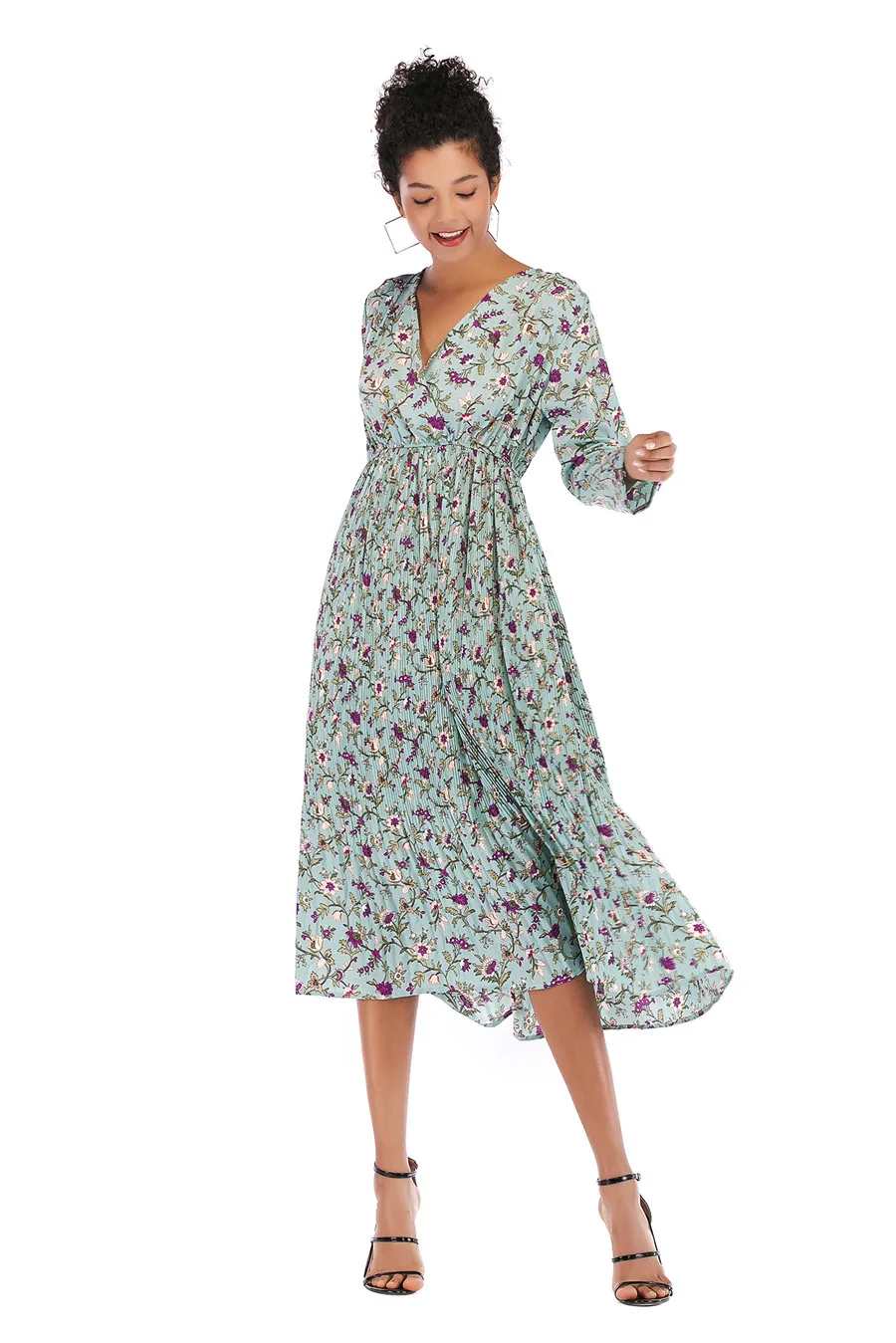 Gladiolus Hot 2018 Autumn Dress Women Long Sleeve V-Neck Sexy Floral Print Tunic Loose Midi Chiffon Dress Women Beach Sundress (10)