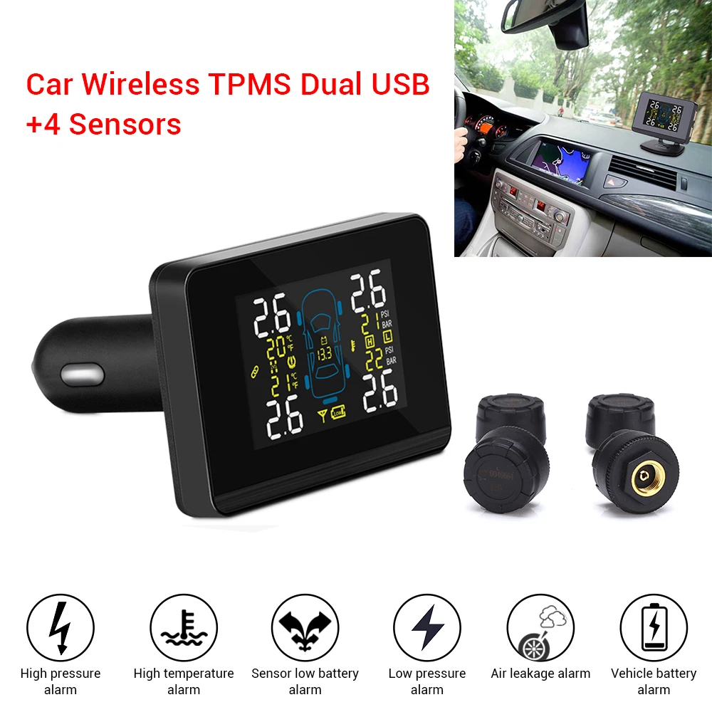 

Smart Wireless Car Tyre Pressure TPMS LCD Tyre Pressure Monitoring System Dual USB 4 Sensors U906 Auto Security Alarm