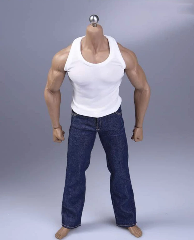 1//6 Black Vest Loose Jeans Belt Clothes Set For Male PH M35 Strong Muscle Body