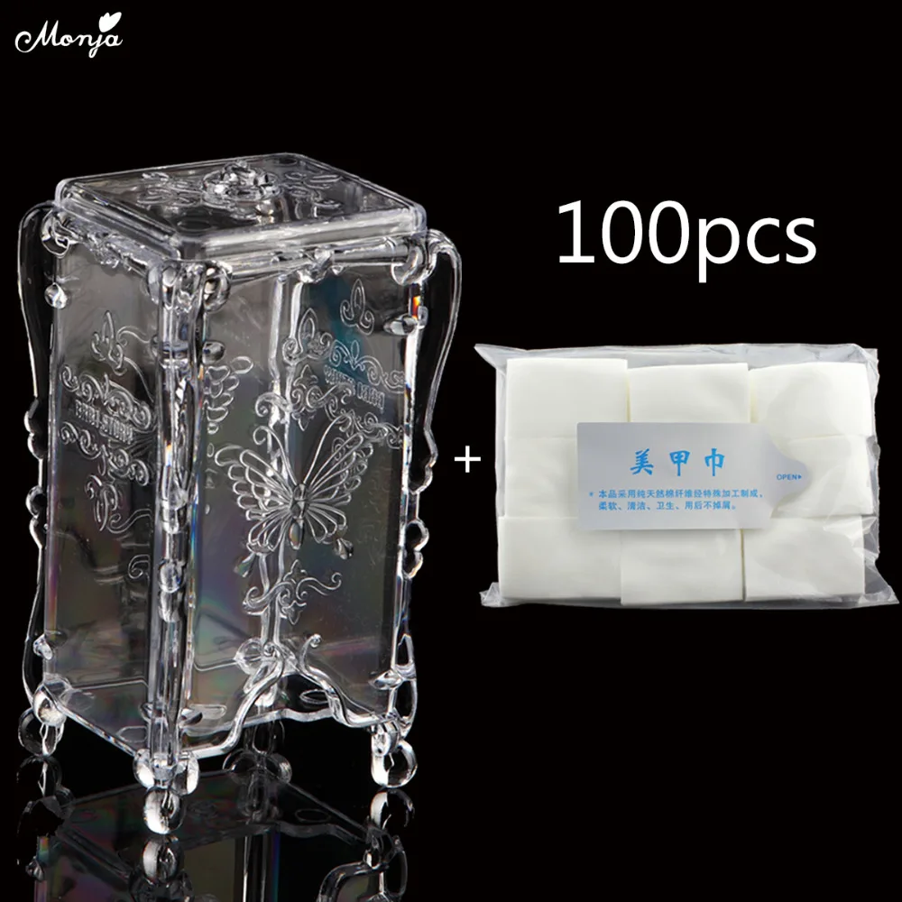 

Monja Nail Art Makeup Cotton Wraps Clear Butterfly Storage Organizer 100pcs Nail Polish Remover Clean Cotton Lint Pads Napkins