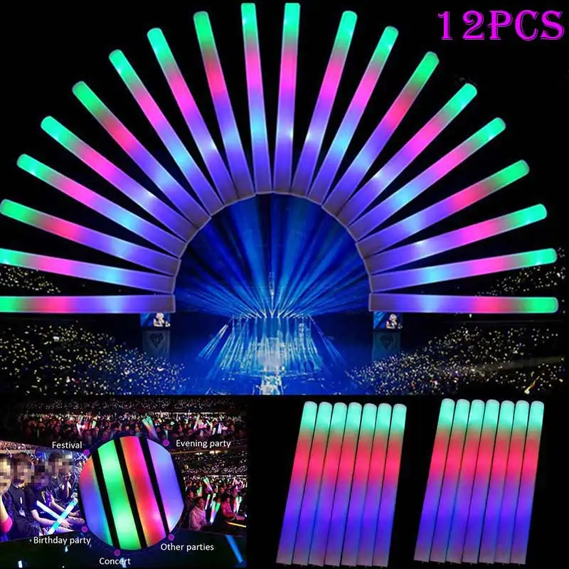 

1/4/12pcs Light Up LED Foam Stick Wands Rally Rave Cheer Batons Party Flashing Glow Stick