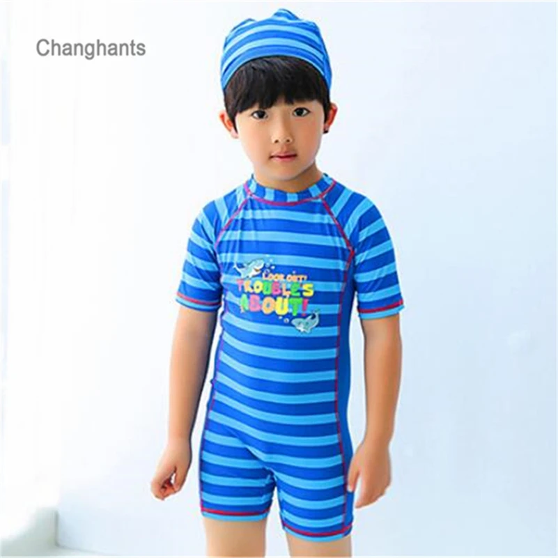 

New Models Kid Boys Surfing Suits Children One Piece Swimsuit Stripe with Whale Pattern Long-Sleeve Swimwear Cap