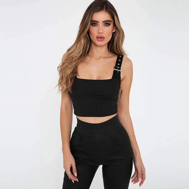 

GEJIAN Women Spaghetti Straps Buckle Band Backless Solid Crop Tops Fashion Club Party Halter Crop Top Sexy Debardeur Temme