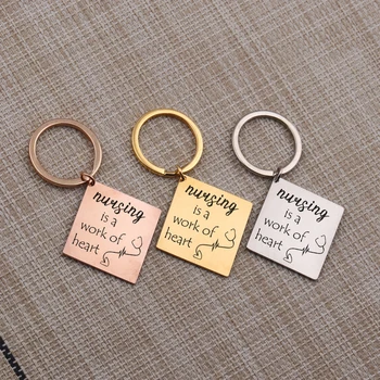 

Fashion Key Chain Hand Stamped"Nursing Is A Work Of Heart"Square 3 Colors Choose Key Fob Charm Gift To Nurse 1 pcs Jewelry