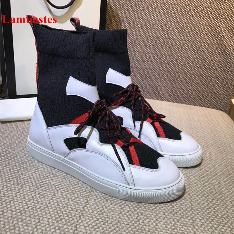 2018 New Winter Mixed Color Cross-tied Stretch Ankle Socks Boots Women Patchwork Slip On Knitted Round Toe Flats Botas Mujer 2018 New Winter Mixed Color Cross-tied Stretch Ankle Socks Boots Women Patchwork Slip On Knitted Round Toe Flats Botas Mujer