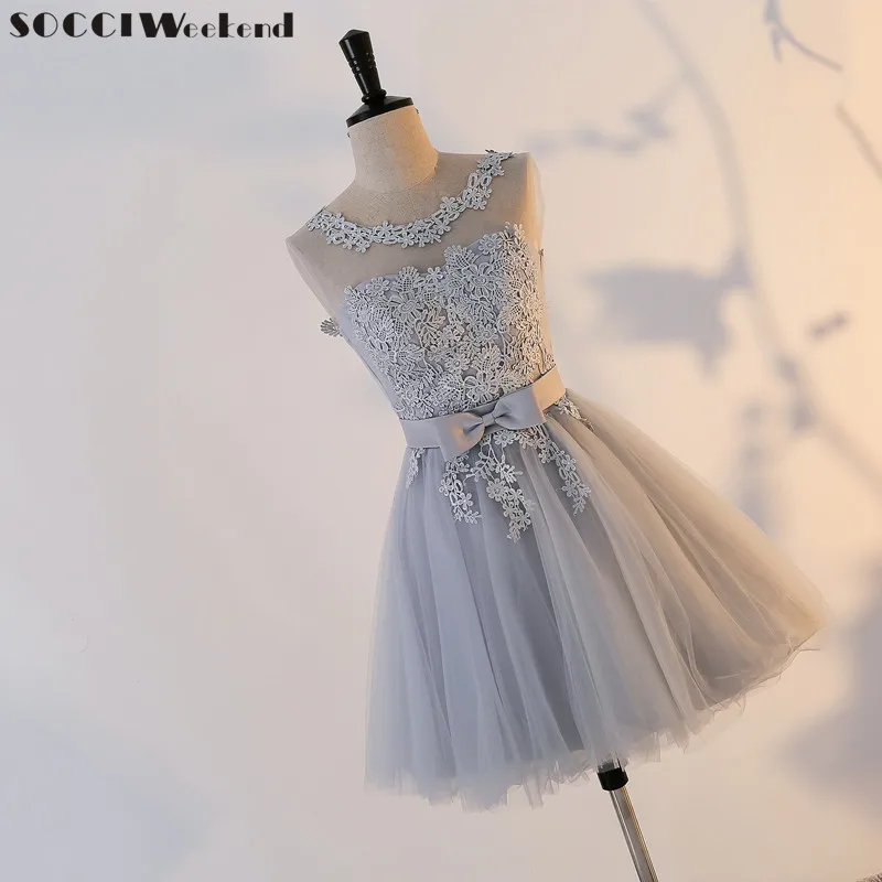 

SOCCI Weekend Gray Tulle Lace Short Sleeveless Bridemade Dress Above Knee A-Line Formal Wedding Party Dresses homecoming Gowns