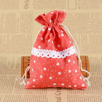 

50pcs Red White Star Pattern Cotton Jute Bag 10x14cm Lace Drawstring Gift Bag Wedding Charms Jewelry Packaging Linen Bags