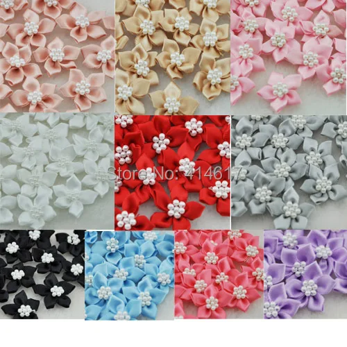 

40pcs satin ribbon flowers W/pearl Appliques Craft DIY Wedding A046
