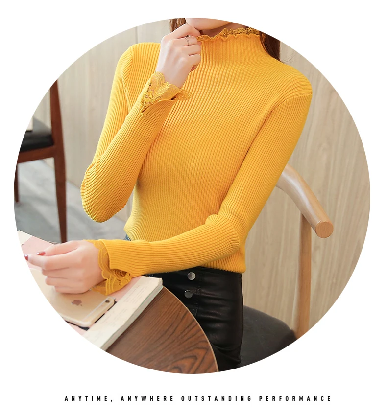 Half-high collar sweater women spring new sweater slim bottoming sweater short paragraph solid color lace thickening inside