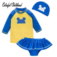 Летняя Детская bathingsuit с мышонком из мультфильма дизайн купальники мальчик/бикини для девочек длинные рукава; детский купальник пляжная одежда От 1 до 6 лет