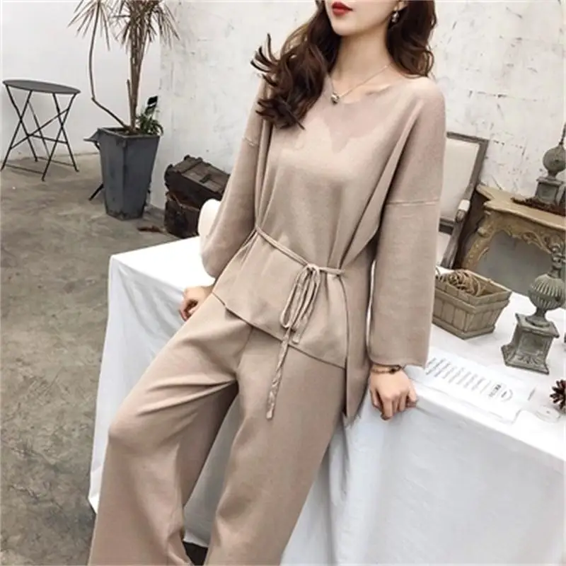 

Fashion Knit Sweater Set Large Size Women's 19 Spring New Loose Casual Knit Sweater + Wide Leg Pants Set Two Piece Suit women