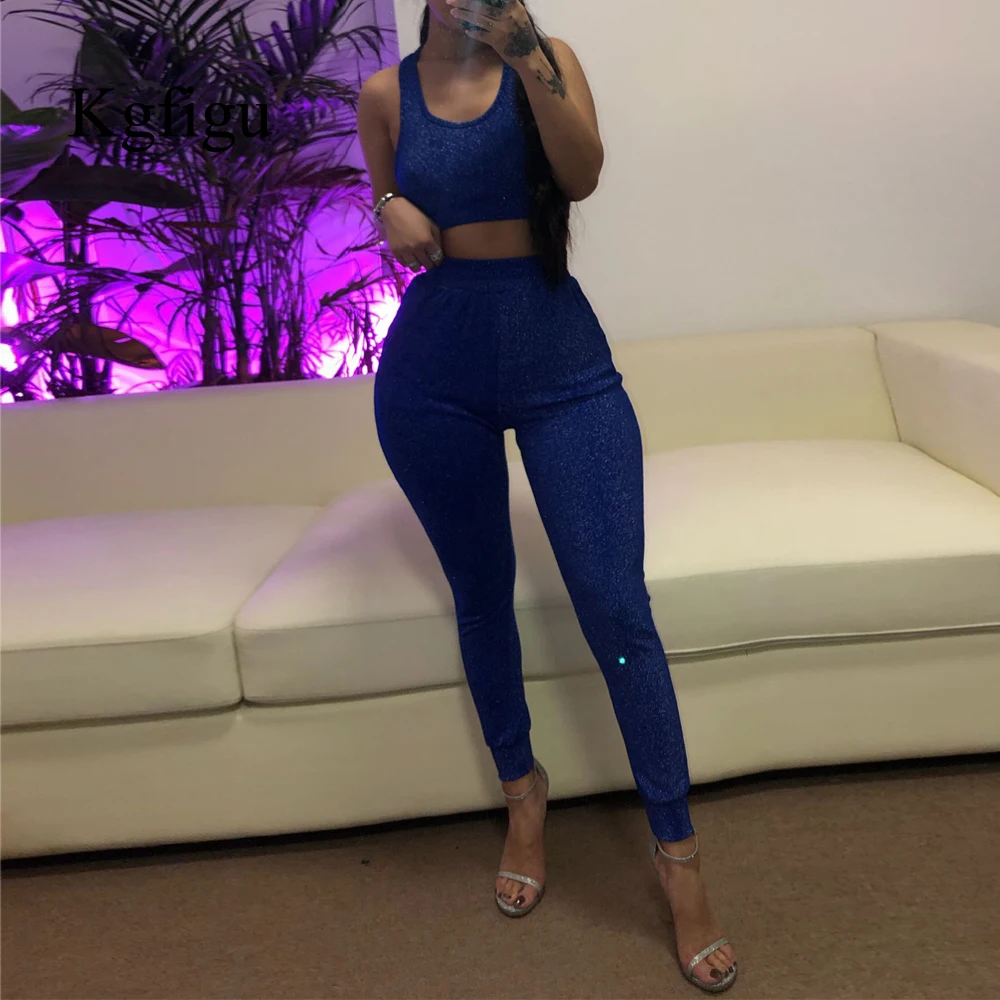 

KGFIGU Women tank tops and long pants tracksuits womens two piece sets 2019 New Arrivals solid blue 2 piece set women outfits