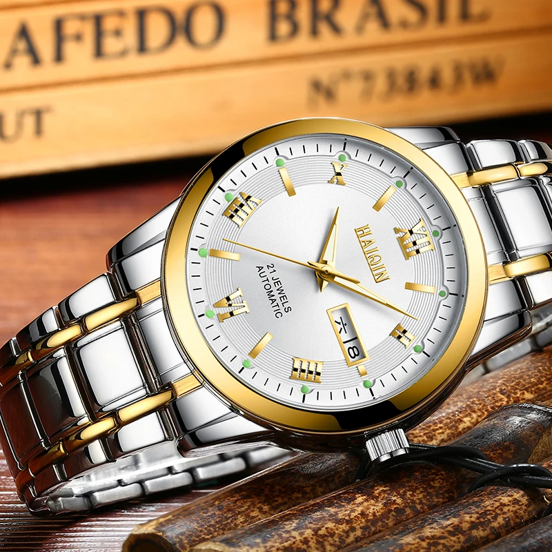 HAIQIN Mens Automatic Mechanical Watch Luxury Brand Luminous Wristwatch Waterproof Calendar Leather Watch Men Relogio Masculino