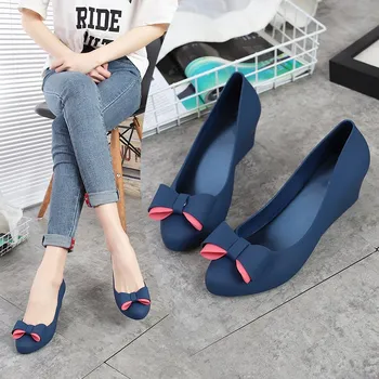

EOEODOIT Spring Jelly Wedges Pumps Women Rain Shoes Med Heel Height Increasing Jelly Shoes With Bow Slip On Daily Work Shoes