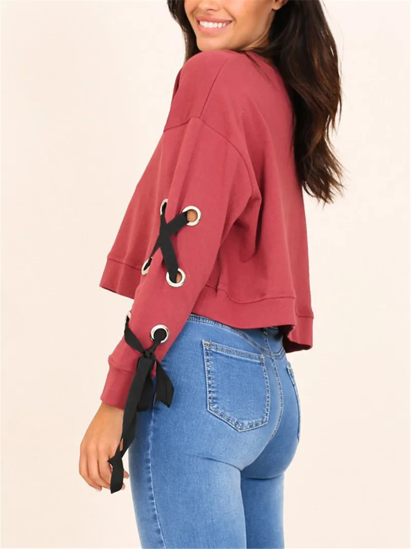 Gladiolus Fashion 2018 Autumn Sweatshirt Women Lace Up Long Sleeve Pink Sexy Crop Top Loose Pullover Hoodie Women Tracksuit Tops (20)