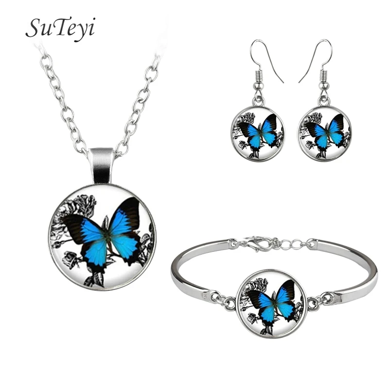 SUTEYI Boho голубая бабочка в искусстве стеклянный купольный Кабошон ожерелье серьги