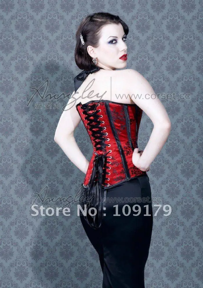 Annzley Corset! Custom Black Strap Floral Red Satin Steel Boned Corsets
