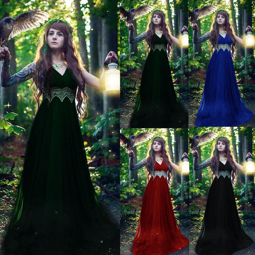 

2019 Summer Clothes For Women Medieval Renaissance Gothic Lace Vintage V-Neck Cosplay Retro Long Dress Vestido Robe Femme 17