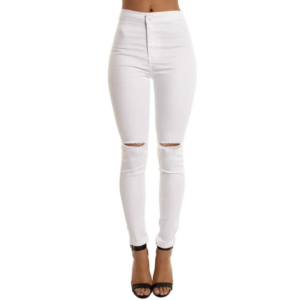 Autumn White Hole Skinny Ripped Jeans Women Jeggings Cool Denim High Waist Pants Capris Female Skinny Black Casual Jeans - Color: White Jeans
