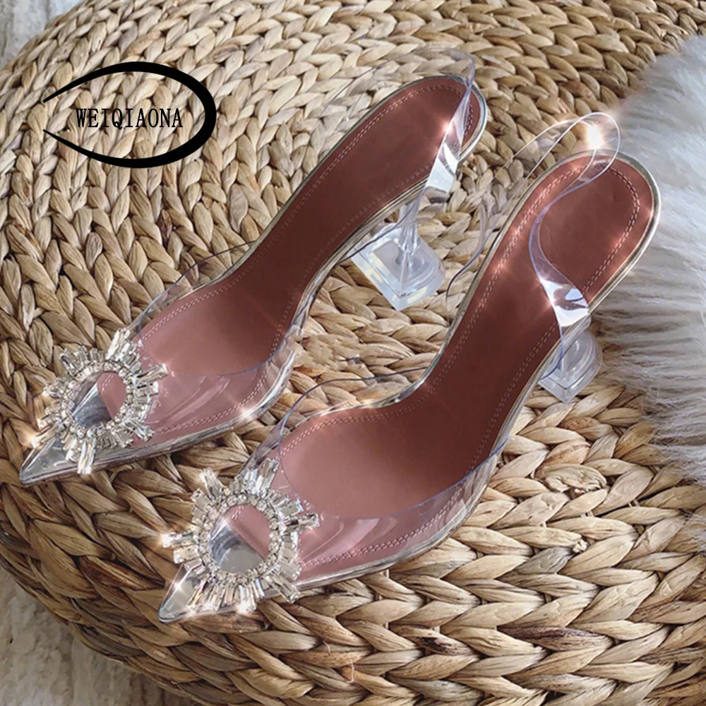 WEIQIAONA sexy Pointed ankle strap woman Fashion crystal shoes Rough with high heels transparent ladies high heel Wedding Sandal