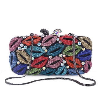 

2019 AW new arrival sexy lips pattern evening clutches handmade full crystals shoulder strap party clutch bag metal box clutch