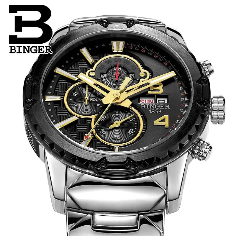 Швейцарские мужские часы люксовый бренд часы Бингер кварцевые мужские часы многофункциональные военные стоп мужские часы glowwatch B6011-2