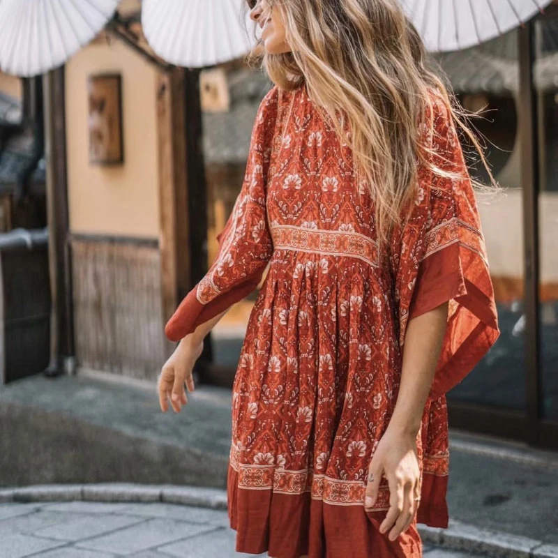

Boho Summer Red Dress Women 2019 Floral Print Kimono Sleeve Loose Mini Dresses Woman Pleated Bohemian Chic Women's Beach Dresses
